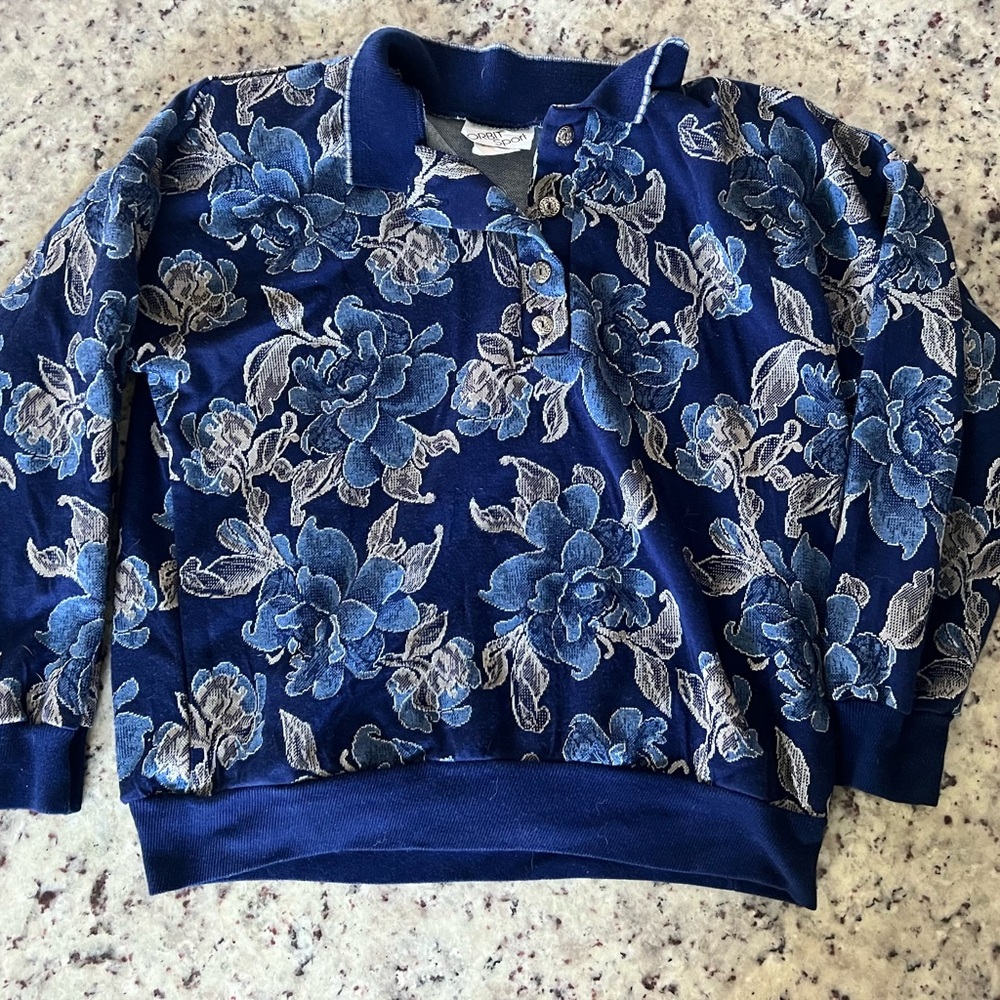 Vintage Blue Floral Button Up Polo Sweater Women’s L